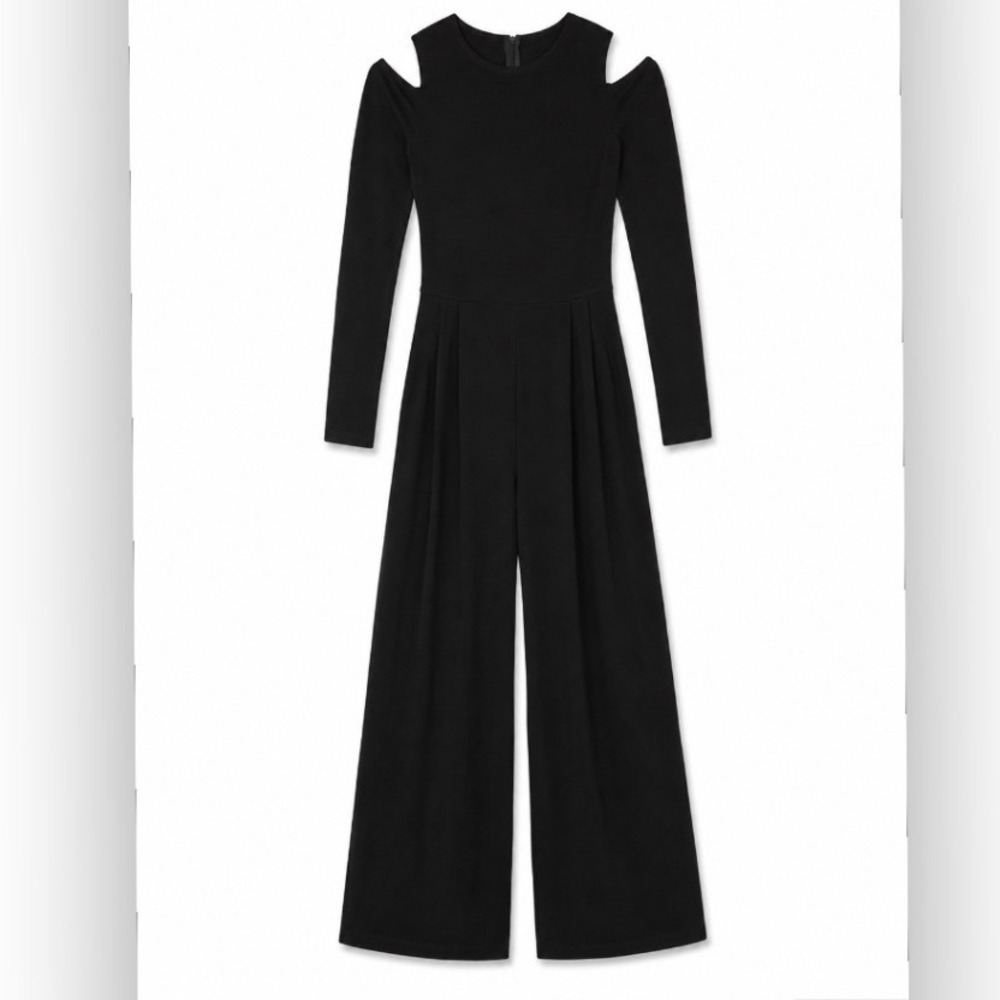 Nadia Tarr Black‎ Cold Shoulder Wide Leg Jumpsuit Soft Stretchy Small